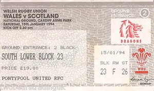 WALES v SCOTLAND (Rugby Union Five Nations 15.1.1994) Used Match Ticket - Picture 1 of 1
