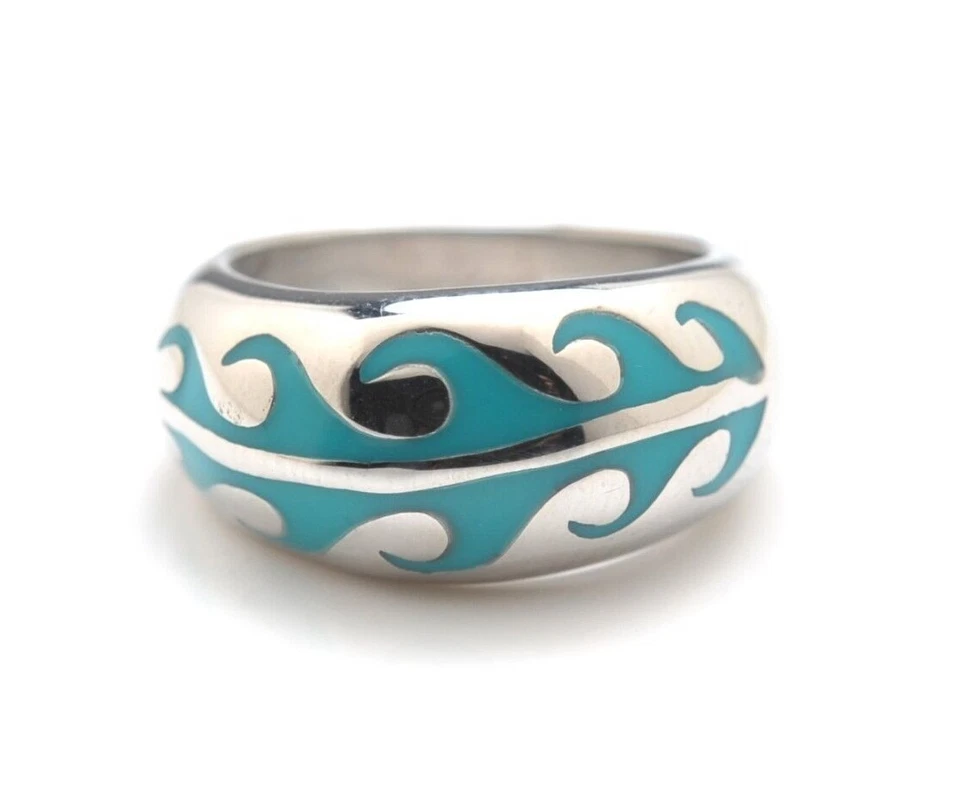316L Stainless Steel Turquoise Aqua Enamel Cigar Band Wave Ring - Image 1 of 1