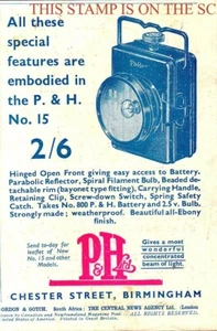 Lámpara de ciclo vintage de años 30 anuncio P&H 'No.15' letra pequeña AD 708/183 - Imagen 1 de 1