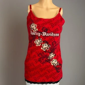 Harley-Davidson Tank Top Women’s 2XL Red Floral Lace Trim Biker Shirt Cami Y2K - Picture 1 of 8