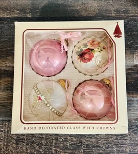 Vintage Pink Glass Christmas Ornaments by Krebs Roses Glitter Set (4) 2.5" w Box - Picture 1 of 11