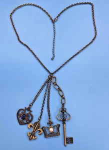 Antiqued Brass Gold-Tone Chain Heart Fleur-de-lis Crown Key Dangles Necklace VTG - Picture 1 of 15