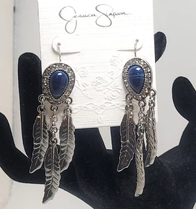 Jessica Simpson Silvertone Feather Rhinestone Earrings Pierced - Picture 1 of 11