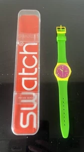 Swatch Green Jelly Swiss Watch GJ701 Day Date 34mm Pink/yellow Face Boxed 2013 - Picture 1 of 7