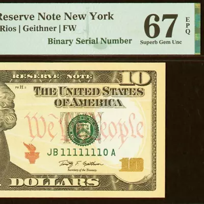 2009 $10 FRN PMG 67EPQ - Near Solid Binary Serial Number 11111110 - Image 1 of 3