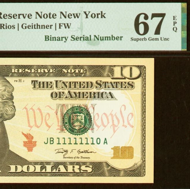 2009 $10 FRN PMG 67EPQ - Near Solid Binary Serial Number 11111110 - Image 1 of 3