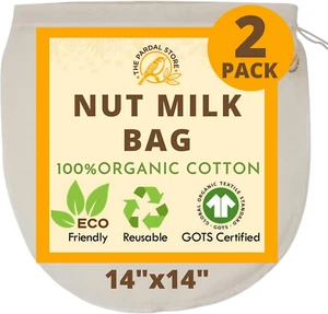 2023 NEW - 2 Pcs 14"X14" Nut Milk Bag - 100% Organic Unbleached Cotton Cheeseclo - Picture 1 of 6