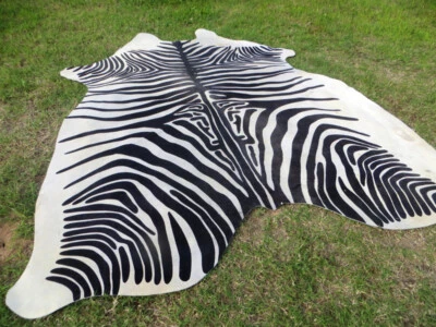 HUGE ! ZEBRA BLACK & WHITE print printed Cowhide Rug natural Hair Cow Hide Skin  - Image 1 of 4