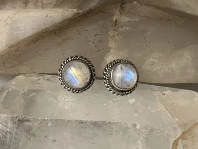 Pendientes vintage, artesanales, piedra lunar, plata de ley, tachuelas grandes/pequeños botones Foto 1 de 4