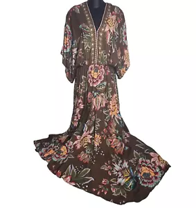 Farm Rio Anthropologie Valentina Maxi Dress Brown Floral V Kimono Medium NWT - Picture 1 of 11