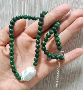 Natural 6mm Emerald Round Beads 15*20mm White Baroque Pearl Necklace 18"AAA - Imagen 1 de 5