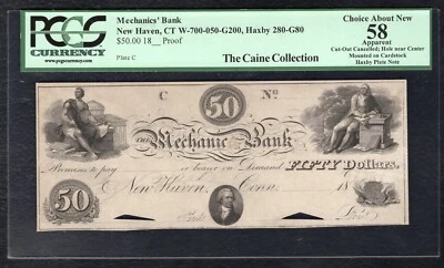 1800's $50 THE MECHANICS’ BANK NEW HAVEN, CT OBSOLETE PROOF NOTE PCGS AU-58 - Image 1 of 2