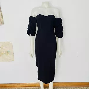 Elle Zeitoune black puff sleeve fitted pencil formal midi dress 6 XS - Picture 1 of 8
