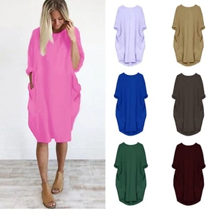 Womens Oversized Long Sleeve Midi Dress Ladies Pockets Casual Baggy T-Shirt Tops - Picture 1 of 47