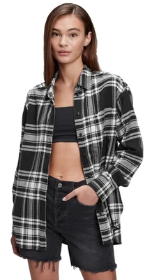 Camisa xadrez GAP FEMININA tamanho grande algodão macio flanela GG alta GG preta creme - Imagem 1 de 4