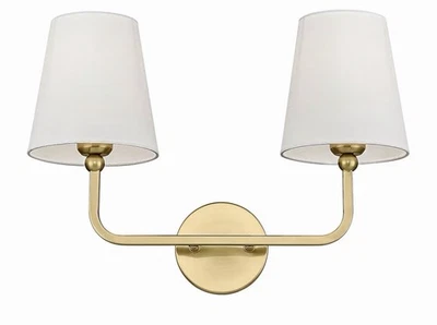 Aplique de pared doble dorado cepillado 2 luces tocador de baño pantalla de tela blanca Foto 1 de 4