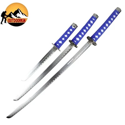 JUEGO DE 3 piezas Espadas Dragón Azul KATANA ACERO AL CARBONO Hoja Ninja Coleccionable con SOPORTE Foto 1 de 4