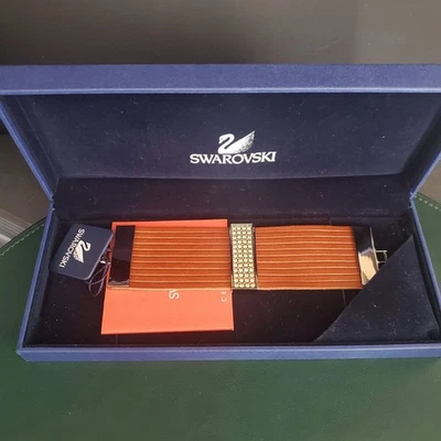 Pulseira de couro marrom Swarovski folheada a ródio com cristais de ouro nova com etiquetas cisne - Imagem 1 de 4