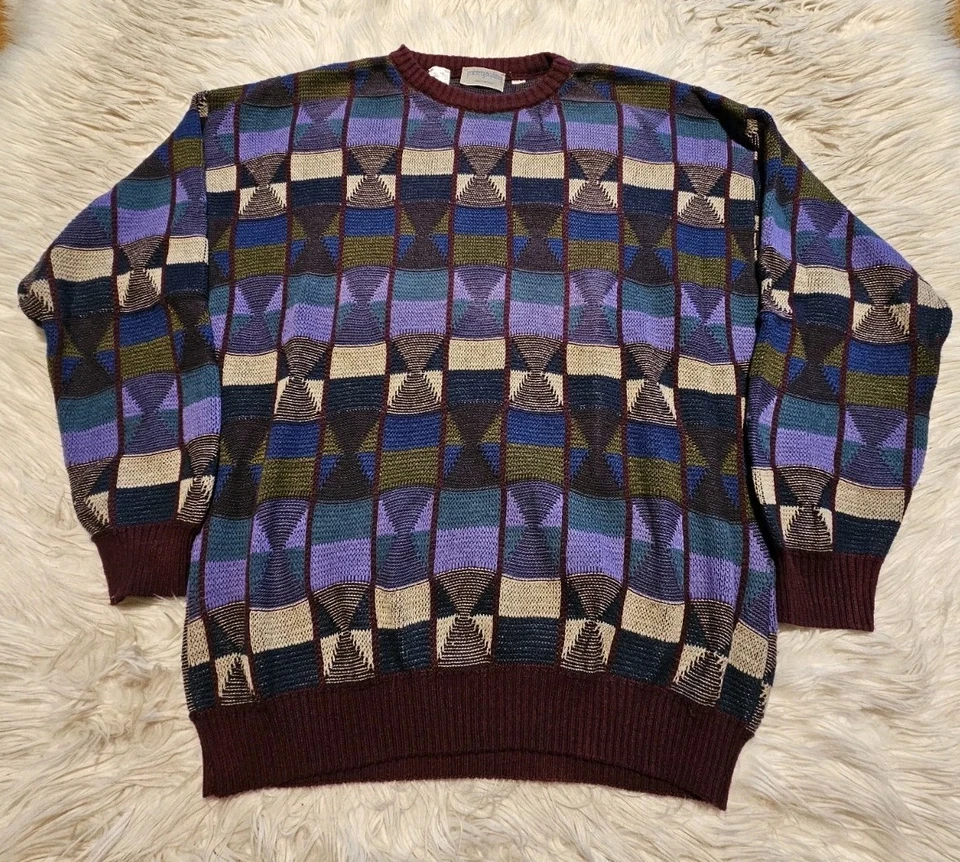 Vintage 90s Style Knit Crewneck Sweater SZ M Multicolor Textured Cosby Biggie - Image 1 of 4