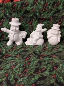 Ceramic Bisque ~Ready to Paint ~(1) Santa on a Snowmobile & (2)Snowmen Ornaments - Picture 1 of 19