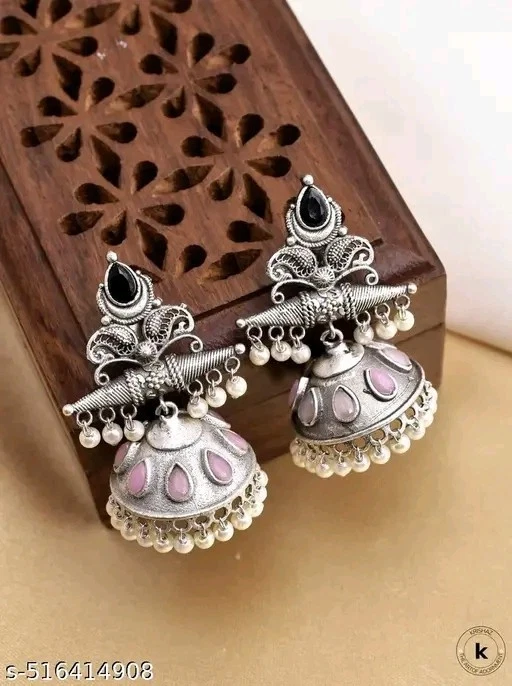 Ethnic Black Stone Oxidized Earring Festive Inspired Women Kundan Jhumka - Image 1 of 1