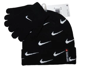 New Nike "Just Do It" Boys Beanie & Gloves 2-Piece Set NWT Black White Logo - Picture 1 of 3