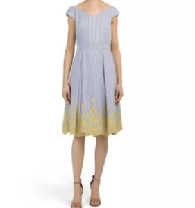 Nicole Miller Studio Kleid Größe 10 bestickter Saum blau schmale Streifen Flügelärmel - Bild 1 von 8