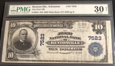 1902-$10PB-the FNB of BENTONVILLE-AR-PMG 30/net due to multi pin holes-A rare N. - Image 1 of 4