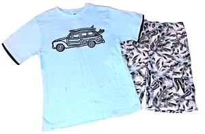 Boys GYMBOREE beach t shirt aqua green tropical shorts 12 outfit set wagon surf - Picture 1 of 6
