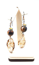 Vintage 1970's Boho Artisan Copper-Brown Acrylic Rhinestone 3" Dangle Earrings