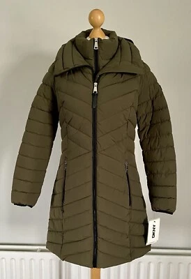 DKNY Womens Vestie Puffer Coat Hooded Jacket Khaki Green BNWT Size S/M 10/12 - Image 1 of 4