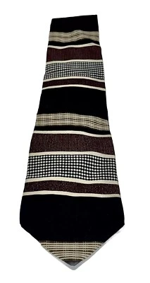 Gravata masculina John Henry 100% seda clássica listrada preta marrom bronzeada vintage EUA - Imagem 1 de 4