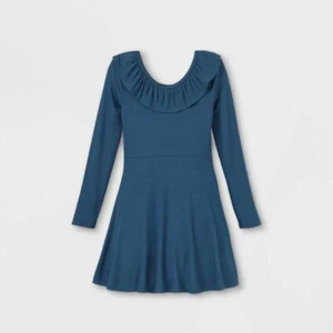 Girls' Long Sleeve Ribbed Stretch Ruffle Neck Dress art class Blue S M L XL XXL - Picture 1 of 5