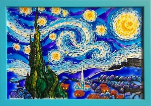 Buntglasplatte Van Gogh Sternenhimmel Nachtglasmalerei ORIGINAL HANDGEFERTIGT - Bild 1 von 7