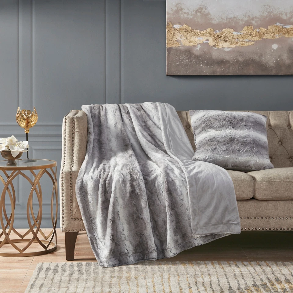 Madison Park Zuri Faux Fur Square Pillow Grey 20x20