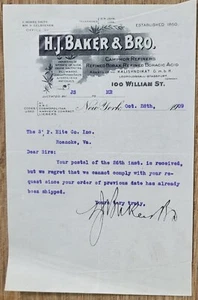 1909 Letterhead New York City HJ Baker & Brother Camphor Refiners - Picture 1 of 1