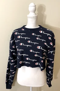 Champion Sweatshirt Womens Medium M Reverse Weave Cropped Navy Blue Long Sleeve - Picture 1 of 5