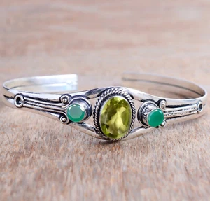 Peridot & Green Onyx Gemstone 925 Sterling Silver Bracelet Gift For Life Partner - Picture 1 of 6