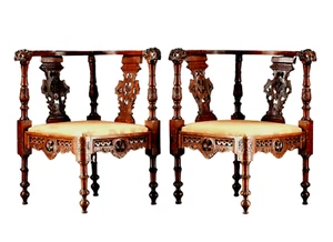 Antique Armchairs, Corner, Pair, English Renaissance Revival Walnut, 1860-1900!! - Picture 1 of 9