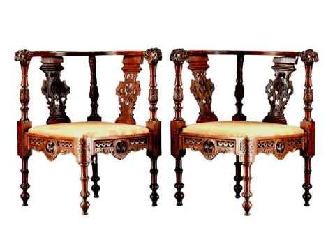 Antique Armchairs, Corner, Pair, English Renaissance Revival Walnut, 1860-1900!! Cover