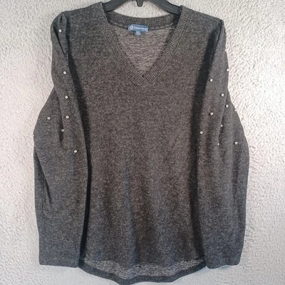 Democracy Womens Dark Gray Sweater Size Medium Beaded Bejeweled V-Neck Stretch - Image 1 of 4