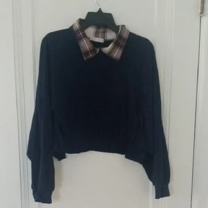 Plaid Collar Navy Crop Sweater, medium, - Picture 1 of 2