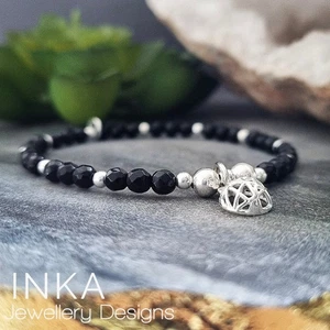 925 Sterling Silver Bracelet Black onyx Half BALL beaded STRETCH Stacker By INKA - Picture 1 of 10