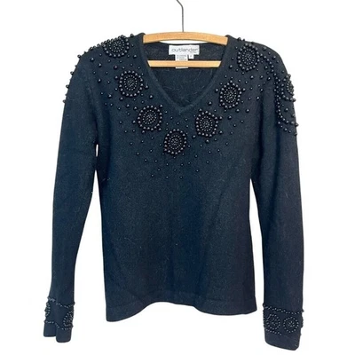 Vtg Lambswool Angora Rabbit OUTLANDER Sweater Beaded 80s Black wool Petite - Image 1 of 4