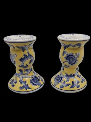 Vintage Portugal Ceramic Candlestick Holders Pedestal Blue White Yellow Set of 2 - Image 1 of 4