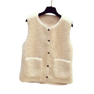 Women's Vest Gilet Tops Waistcoat Sleeveless Coat Faux Fur Fleece Button Outwear - Image 1 of 4