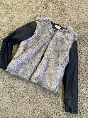 Jaqueta tamanho 12 14 pele sintética couro cinza preto simulado Gillet bolsos curtos motociclista - Imagem 1 de 4