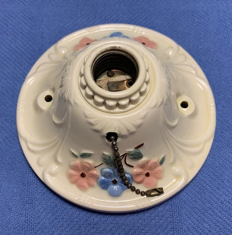 Antique Porcelier 1 Socket Flush Mount Porcelain Floral Light Fixture Art Deco Cover