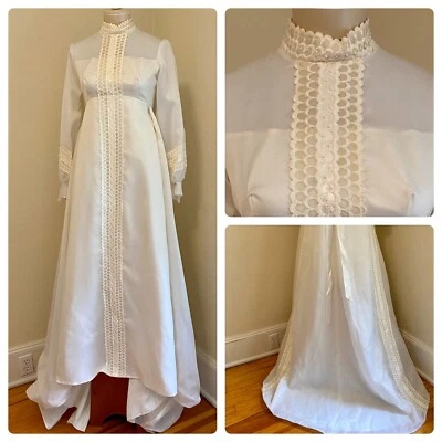 Vestido de Boda De Colección Años 60 Marfil Estilo Pradera BoHo Hippy Manga Larga Encaje Tren S M Foto 1 de 4
