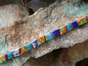 Multi Gemstone Opal Sterling Silver Southwest Hinged Toggle Clasp Bracelet AJ19 - Picture 1 of 12